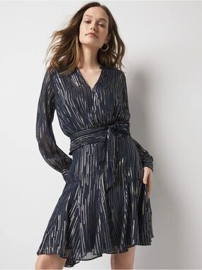 White House Black Market Navy Skater Skirt with Silver Stripes